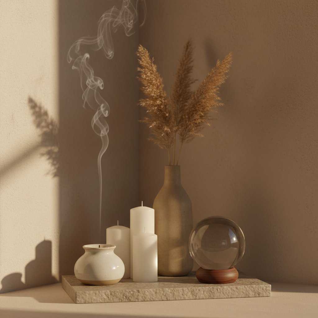 A tranquil corner altar for inner centering: a low, smooth stone slab serves as a base for a minimalist arrangement of three different-sized white candles, a ceramic incense holder with a thin trail of smoke, and a single, large, perfectly spherical crystal resting on a small wooden stand. Behind them, a tall, slender vase holds a few dried pampas grass plumes against a softly textured, warm beige wall. Subtle, diffused golden-hour light enters from the left, illuminating the smoke and creating a delicate glow on the crystal surface while leaving the rest in gentle shadow. Framed at eye level with a slightly off-center composition, the mood is deeply serene, sacred, and sophisticated, rendered in clean, photographic realism.