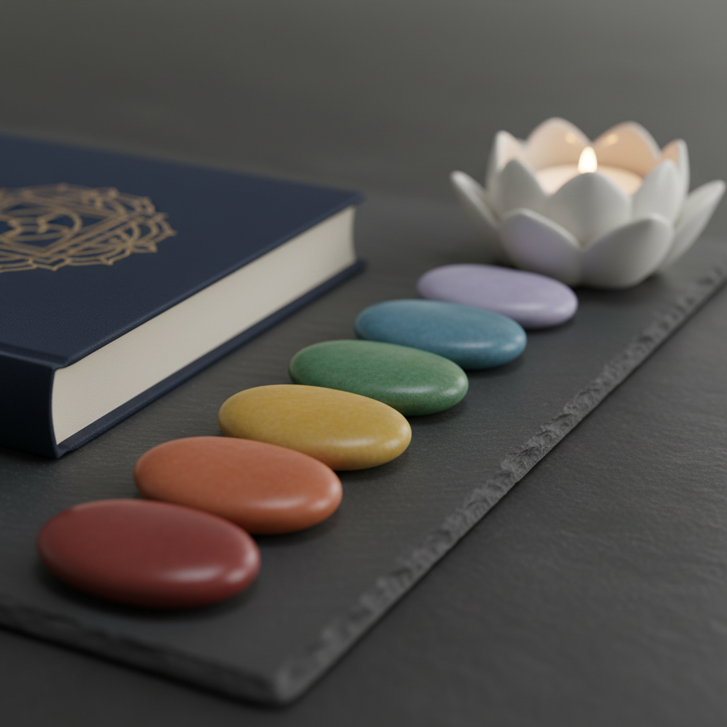 A calm, balanced still life representing holistic transformation: a dark slate surface holding a gradient row of seven smooth, flat stones, each painted in a muted chakra-inspired color from deep red to soft violet. At one end rests a closed, navy blue hardcover book with a fine gold-foil symbol on its cover, while at the other, a single white lotus-shaped ceramic tealight holder glows softly. The background fades into a gentle charcoal blur. Subtle overhead studio lighting creates even illumination with soft highlights on the stones’ curves and delicate shadows. Captured from a low, side angle with a shallow depth of field, the mood is introspective, elegant, and quietly powerful, using photographic realism to evoke alignment, growth, and direction.