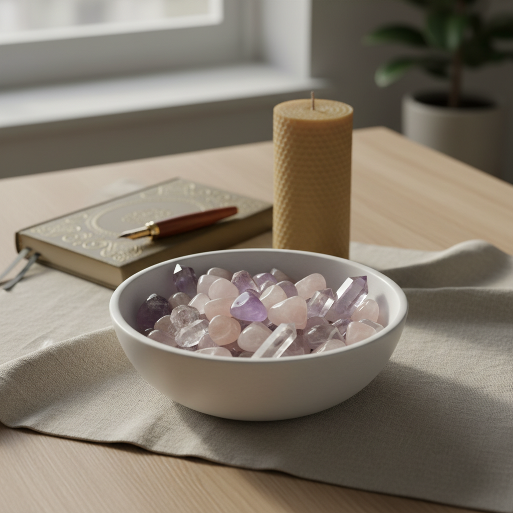 A smooth, matte white ceramic bowl filled with carefully arranged polished crystals in soft pastel hues—amethyst, rose quartz, clear quartz points—resting on a natural linen cloth atop a light oak table. Behind the bowl, a single tall beeswax candle is unlit beside a closed, embossed journal and a fountain pen. Soft morning light filters through an unseen window, creating gentle highlights on the crystals and velvety shadows under the bowl. The composition is centered with a shallow depth of field, keeping the background subtly blurred. The mood is serene, sophisticated, and contemplative, captured in photographic realism with a clean, minimalist aesthetic suitable for a holistic wellness homepage hero image.
