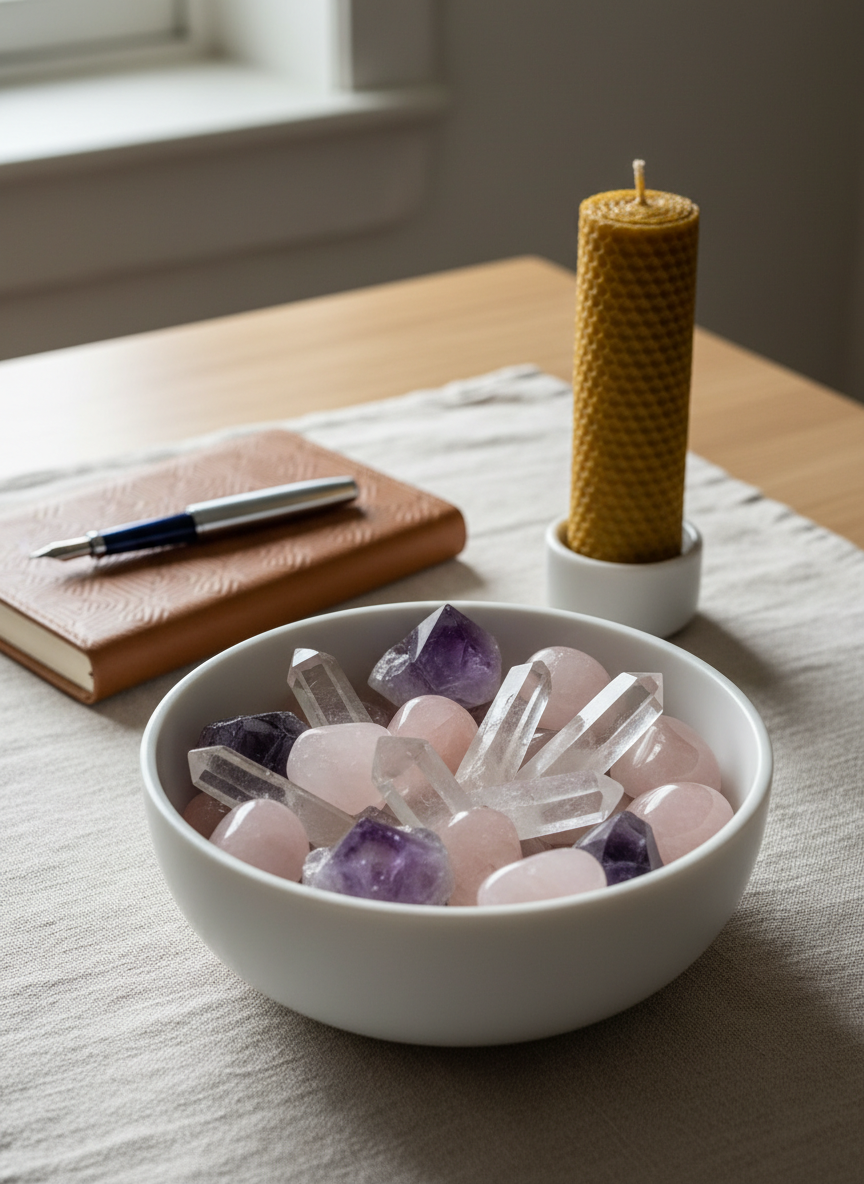 A smooth, matte white ceramic bowl filled with carefully arranged polished crystals in soft pastel hues—amethyst, rose quartz, clear quartz points—resting on a natural linen cloth atop a light oak table. Behind the bowl, a single tall beeswax candle is unlit beside a closed, embossed journal and a fountain pen. Soft morning light filters through an unseen window, creating gentle highlights on the crystals and velvety shadows under the bowl. The composition is centered with a shallow depth of field, keeping the background subtly blurred. The mood is serene, sophisticated, and contemplative, captured in photographic realism with a clean, minimalist aesthetic suitable for a holistic wellness homepage hero image.