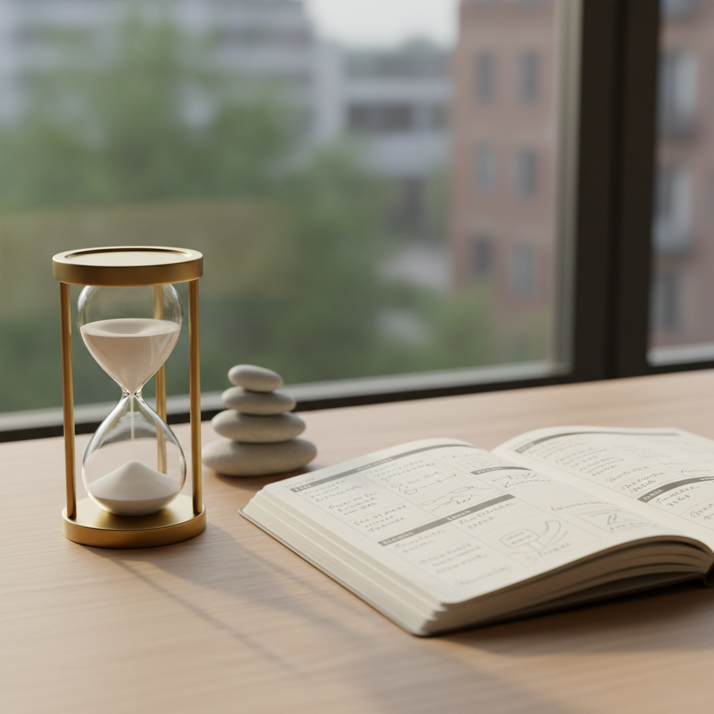 A meticulously organized workspace for holistic life planning: an open, cream-colored planner with elegant handwritten notes, a brass hourglass with fine white sand, and a small cluster of smooth river stones forming a balanced stack. Everything rests on a pale wooden desk near the edge of a large, blurred window frame. Diffused afternoon daylight washes the scene, creating soft reflections on the hourglass glass and subtle grain detail in the wood. Shot from a slightly elevated angle using the rule of thirds, with a shallow depth of field that keeps the objects sharp while the background fades into a calm bokeh. The atmosphere is one of clarity, direction, and quiet focus, rendered in photographic realism with a refined, professional aesthetic.