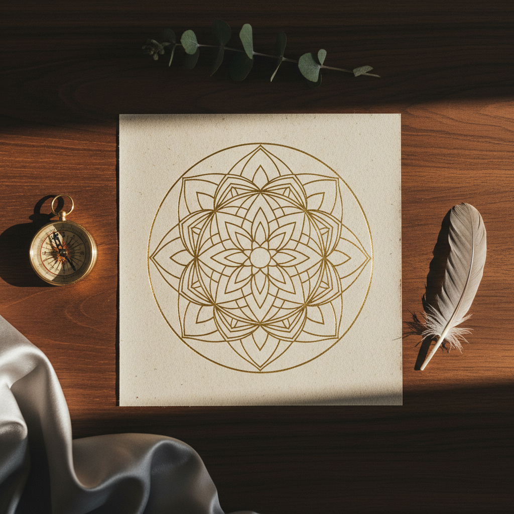 A perfectly symmetrical mandala drawn in fine gold ink on textured ivory paper, placed at the center of a dark walnut table. Around it lie neatly arranged symbolic objects: a small brass compass, a pale feather, and a single sprig of eucalyptus. A folded, dove-gray silk cloth softens one corner of the composition. Warm late-afternoon sunlight enters from the side, grazing the surface and revealing delicate paper fibers and metallic ink gleam, casting elongated, gentle shadows. Captured from directly above in a flat-lay style, the image has sharp focus across the frame. The mood is introspective, mystical yet refined, conveying inner alignment and life direction through sophisticated photographic realism.