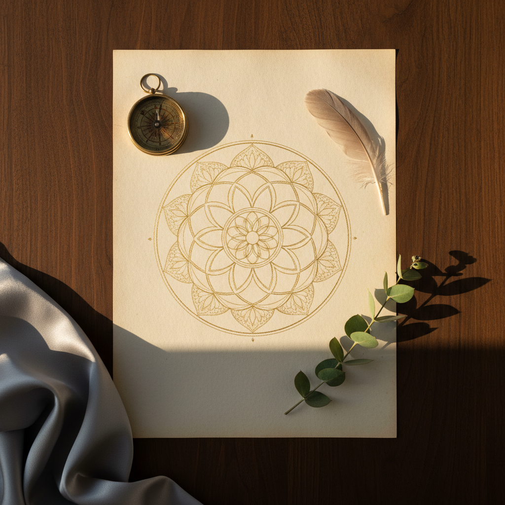 A perfectly symmetrical mandala drawn in fine gold ink on textured ivory paper, placed at the center of a dark walnut table. Around it lie neatly arranged symbolic objects: a small brass compass, a pale feather, and a single sprig of eucalyptus. A folded, dove-gray silk cloth softens one corner of the composition. Warm late-afternoon sunlight enters from the side, grazing the surface and revealing delicate paper fibers and metallic ink gleam, casting elongated, gentle shadows. Captured from directly above in a flat-lay style, the image has sharp focus across the frame. The mood is introspective, mystical yet refined, conveying inner alignment and life direction through sophisticated photographic realism.